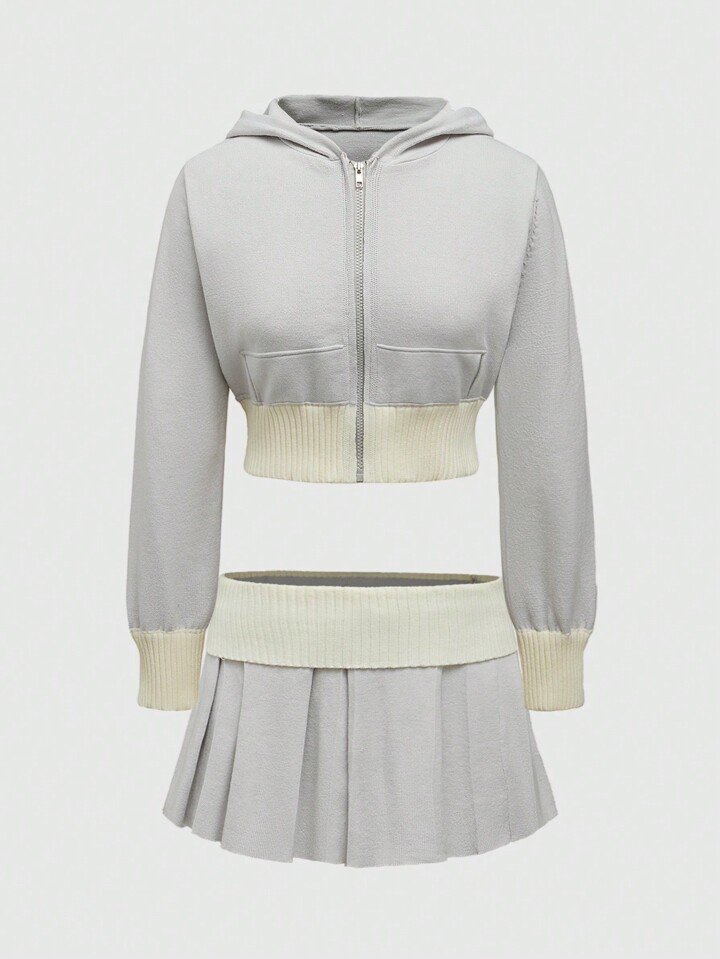 2pcs Set: Casual Hoodie Sweatshirt & Pleated A-Line Mini Skirt, Color Block Design, Women
