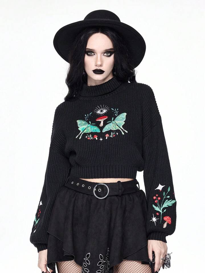 Gothic Style Mushroom & Crescent Moon Embroidered Women Sweater