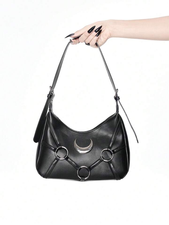 Y2K Crescent Moon Metal Decor Black Shoulder Bag, Gothic Punk Style PU Handbag, Street Crossbody For Daily & Party