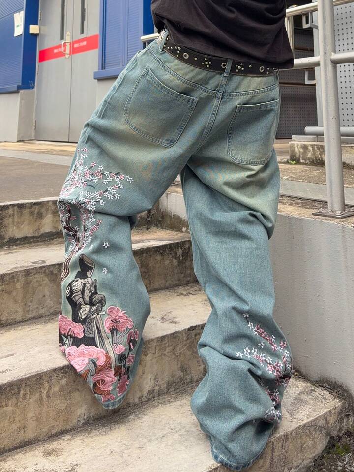 Grunge Punk Men's KPOP Floral Embroidery Pattern Loose Fit Jeans