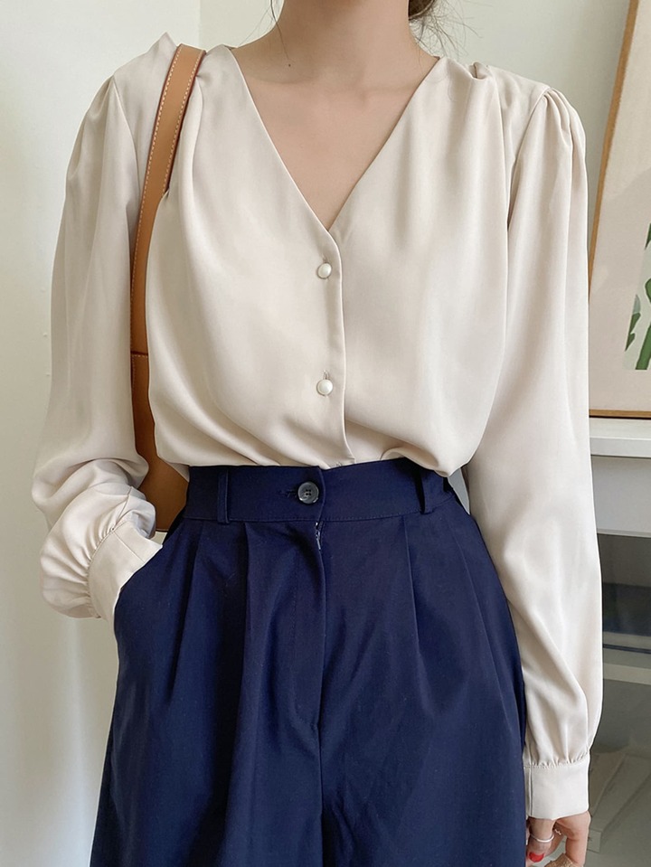 Bishop Sleeve Button Front Blouse,Fall Clothes,Back To School Clothes Preppy Tops Long Sleeve Top