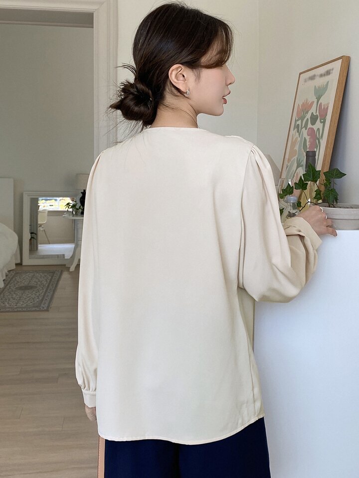 Bishop Sleeve Button Front Blouse,Fall Clothes,Back To School Clothes Preppy Tops Long Sleeve Top