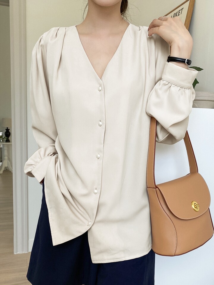 Bishop Sleeve Button Front Blouse,Fall Clothes,Back To School Clothes Preppy Tops Long Sleeve Top