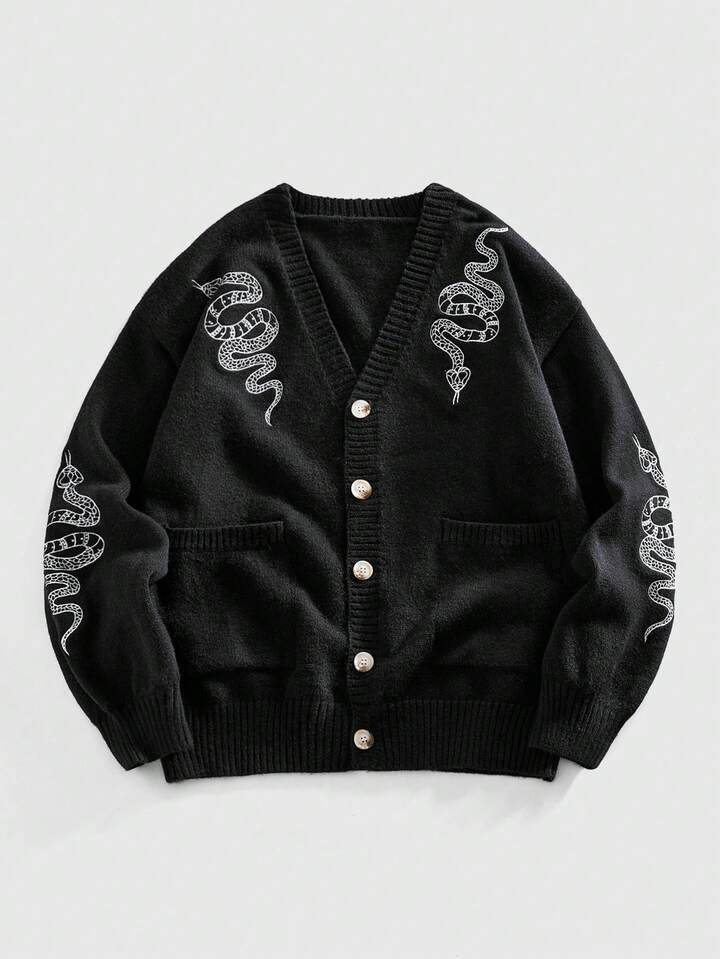 Men's Snake Embroidery V-Neck Single-Breasted Pocket Casual Commuter Cardigan, Long Sleeve, Knit, Autumn/Winter