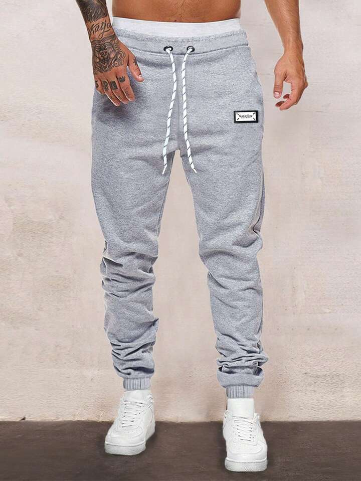 Guys Letter Patched Drawstring Waist Sweatpants