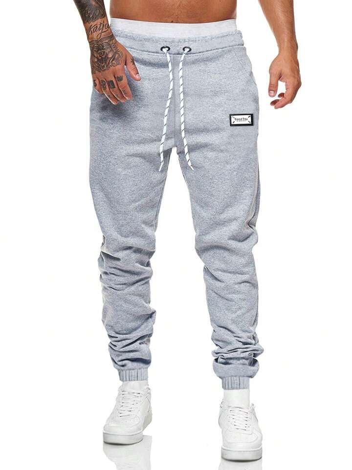 Guys Letter Patched Drawstring Waist Sweatpants