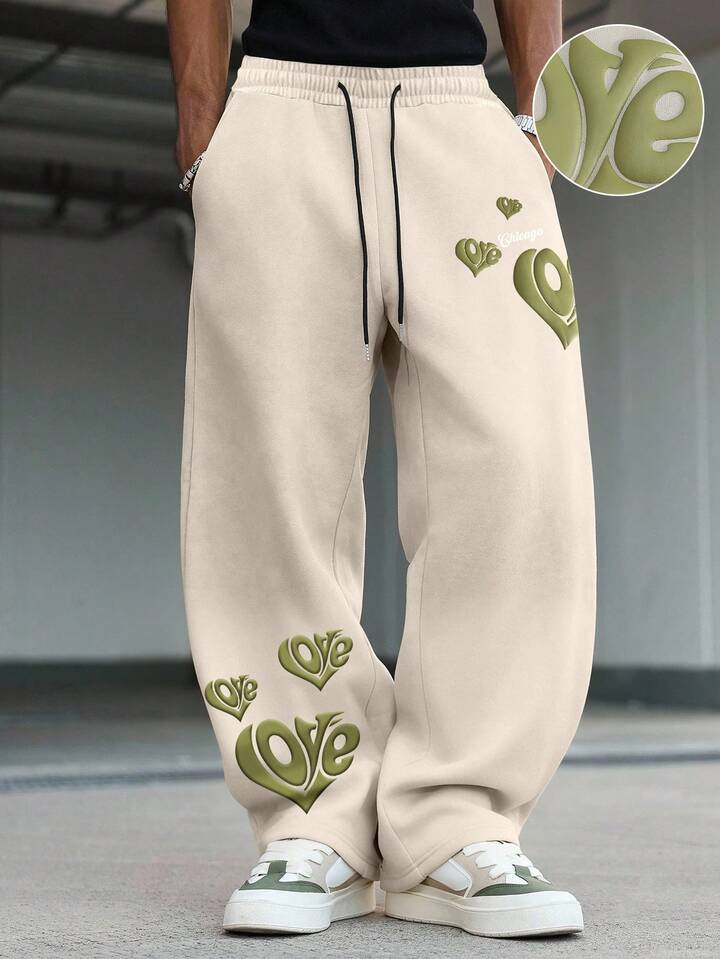 Men's Casual Street Style Heart & English Print Straight Leg Sweatpants, Autumn/Winter
