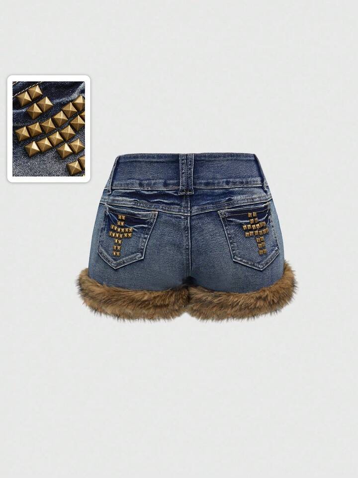 Grunge Punk Y2K Sexy Vintage Distressed Low Waist Sexy Women's Denim Shorts With Cross Studs And Faux Fur Patchwork