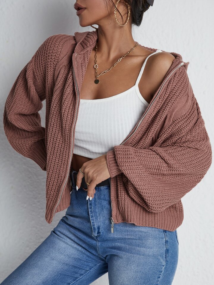 Drop Shoulder Zip Up Hooded Cardigan,Long Sleeve Tops In Fall/Winter