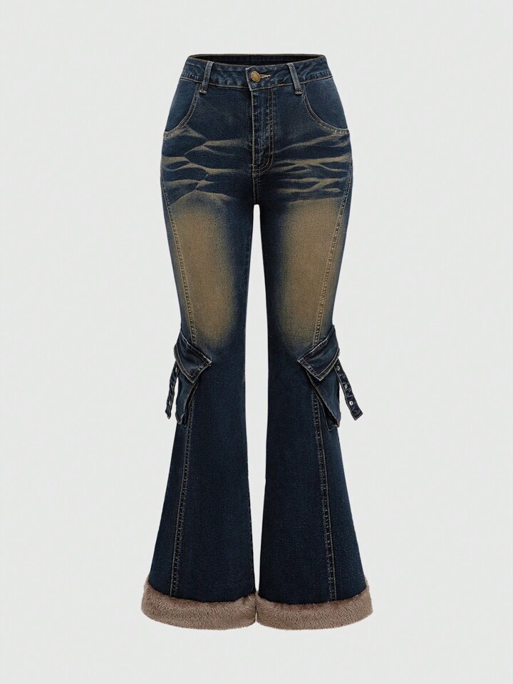 Y2K Low Waist Distressed Patchwork Fluffy Hem Slim Flare Jeans