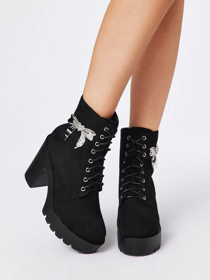 Kawaii Women's Gothic Style Round Toe Chunky Heel Waterproof Platform Punk Boots, Suede Fabric, Black High Heel Boots Suitable For Party, Daily Wear, Height Increasing And Leg Lengthening, Halloween