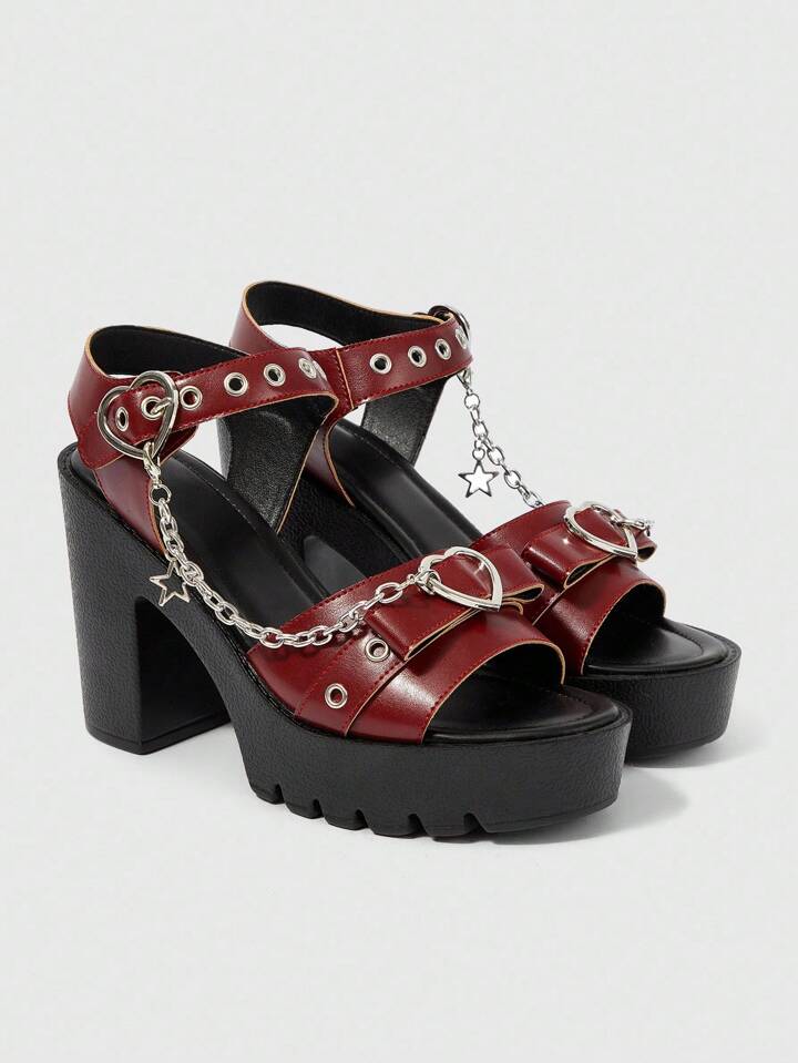 Grunge Punk Women's Elegant Fashion Heart & Star Metal Chain Design High Heel Sandals, Waterproof Platform Punk Style Round Toe Wine Red Roman Sandals, Suitable For Party, Daily Wear, Evening Dress, Height Increasing And Leg Lengthening, Comfortable Versatile High Heels