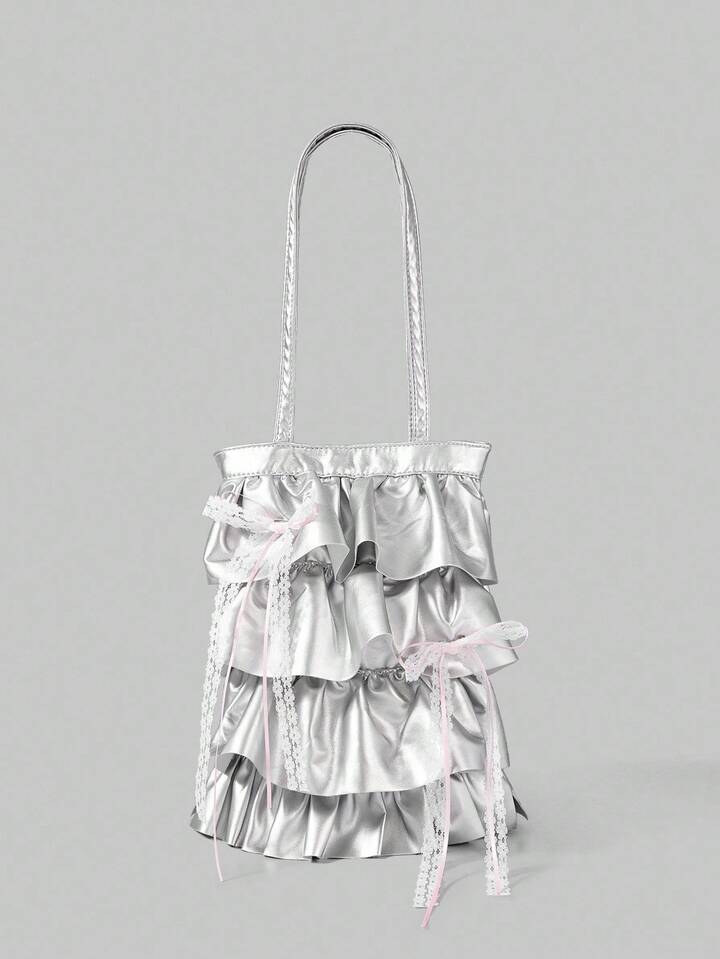 Grunge Punk Y2K Cute & Sexy Bow Decor Women's Fashion Shoulder Bag Minimalist Silver Techno Chic Drawstring Tote Bag, Versatile For Dates, Casual Travel, Shopping, Daily Commute
