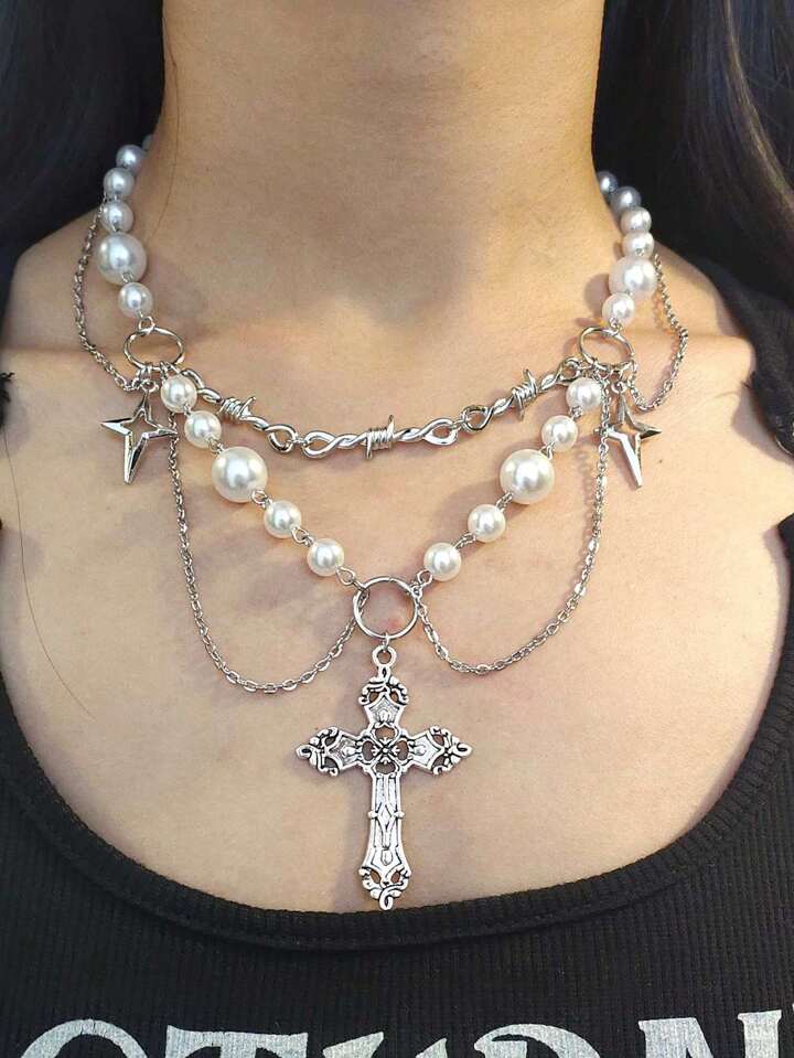 Y2k Gothic Style Cross Pendant Necklace, Halloween