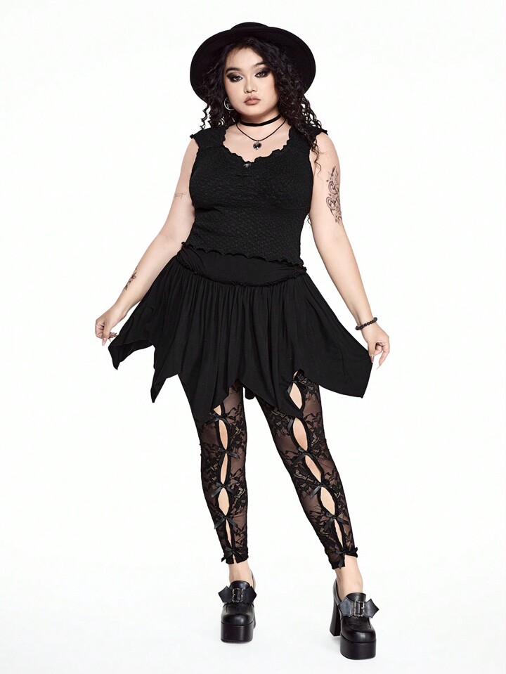 Back To School  Plus Size Women Gothic Butterfly Lace Hollow Design Leggings, Can Be Paired With Skirt