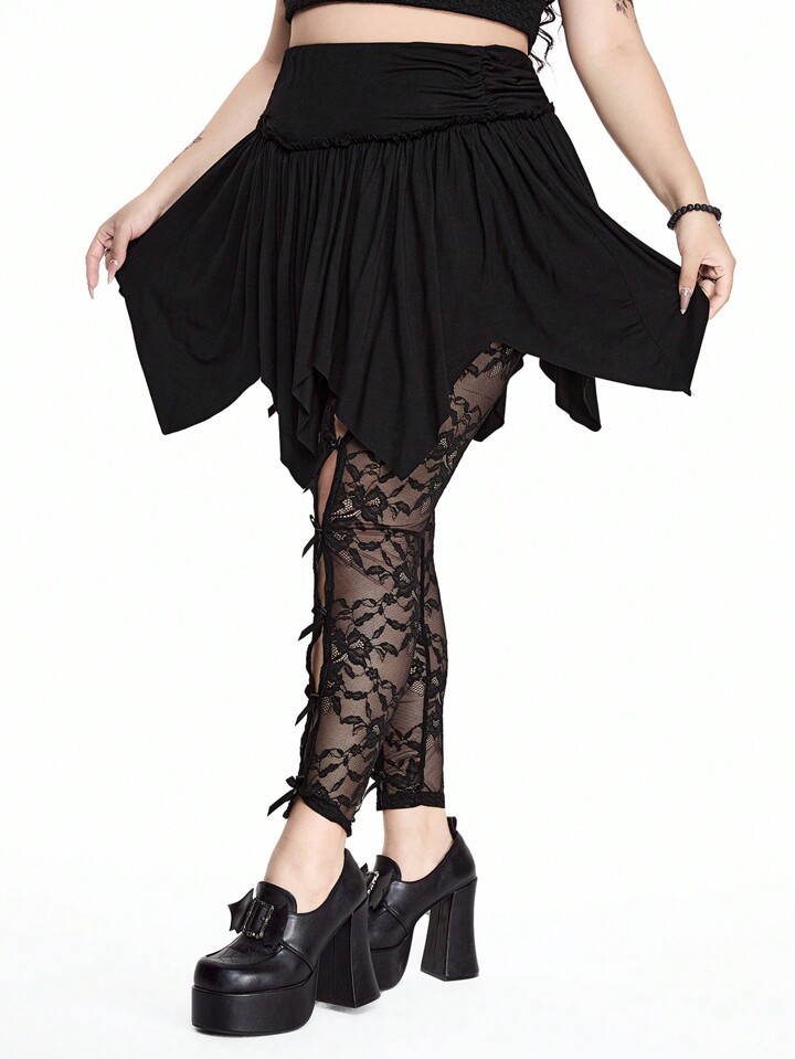 Back To School  Plus Size Women Gothic Butterfly Lace Hollow Design Leggings, Can Be Paired With Skirt