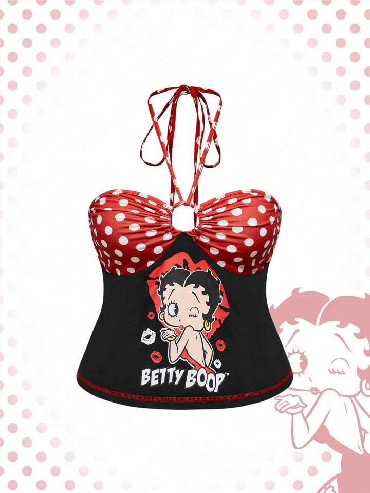 Betty Boop | ROMWE Plus Size Sexy Cute Cartoon Graphic Contrast Polka Dot HalterTop For Summer
