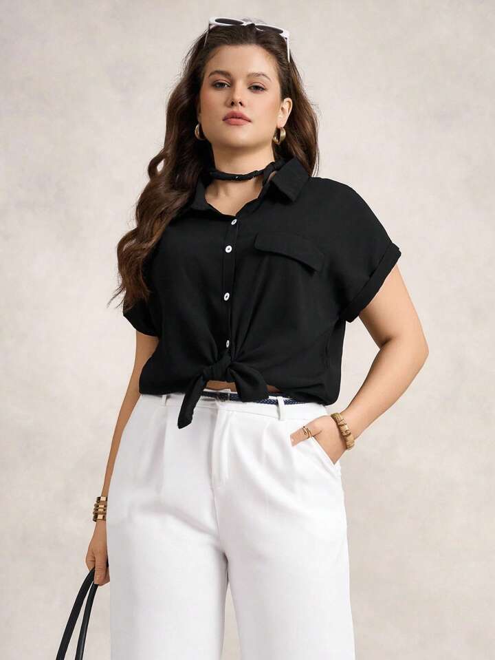 Plus Size Doodle & Line Drawing Pattern Easter Shirt With Pockets For Summer