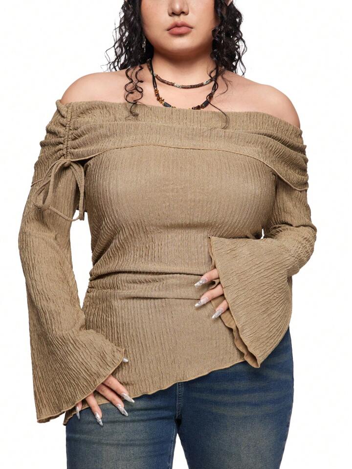 Fairycore Plus Size Off Shoulder Textured Bell Sleeve Solid Color T-Shirt