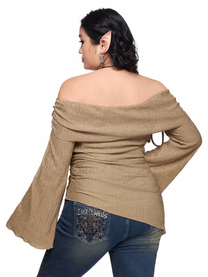 Fairycore Plus Size Off Shoulder Textured Bell Sleeve Solid Color T-Shirt