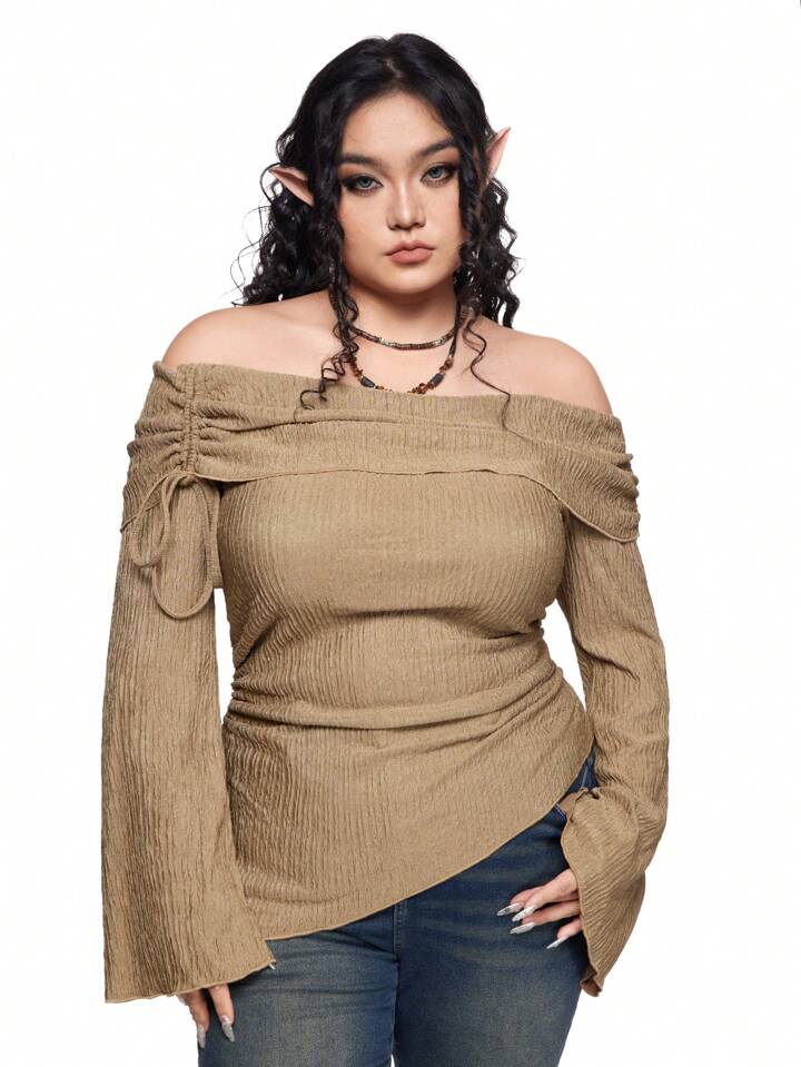 Fairycore Plus Size Off Shoulder Textured Bell Sleeve Solid Color T-Shirt