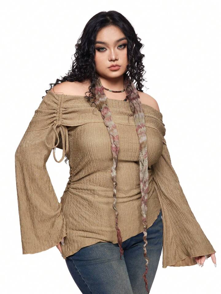 Fairycore Plus Size Off Shoulder Textured Bell Sleeve Solid Color T-Shirt