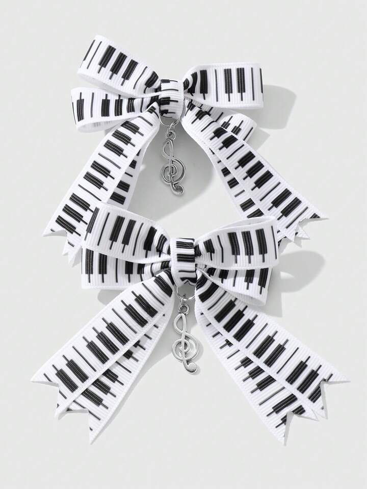 Kawaii 2pcs Minimalist Versatile Vintage Chic High-Quality Black & White Musical Note & Bowknot Pendant DIY Hair Clip, Side Clip Combo Set, Suitable For Women, Girls, Daily Wear, Holiday Gift
