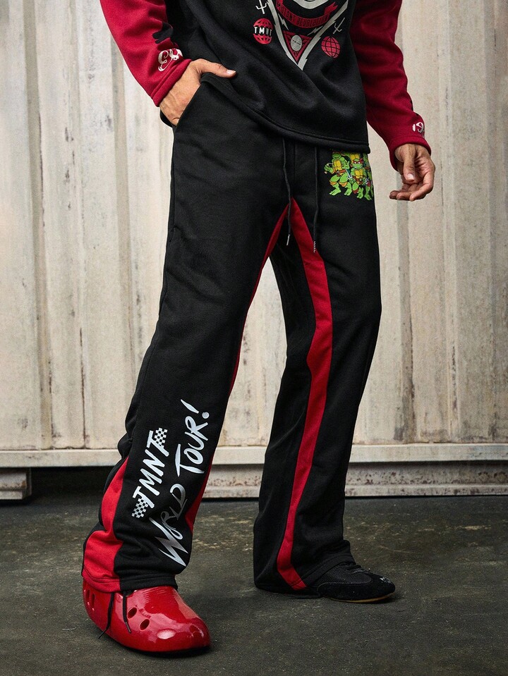 TEENAGE MUTANT NINJA TURTLES X ROMWE Men's Comfortable Casual Fashion Black & Red Flared Sweatpants, Autumn/Winter