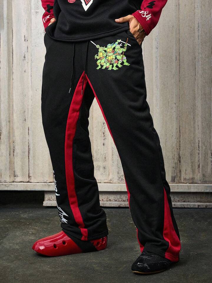 TEENAGE MUTANT NINJA TURTLES X ROMWE Men's Comfortable Casual Fashion Black & Red Flared Sweatpants, Autumn/Winter 5 TEENAGE MUTANT NINJA TURTLES X ROMWE Men's Comfortable Casual Fashion Black & Red Flared Sweatpants, Autumn/Winter