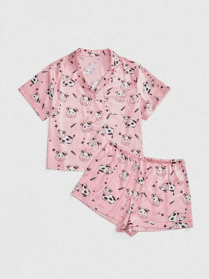 Kawaii Plus Size Cow Print Silky Pajama Set With Polo Collar Short Sleeve Top And Shorts, Summer