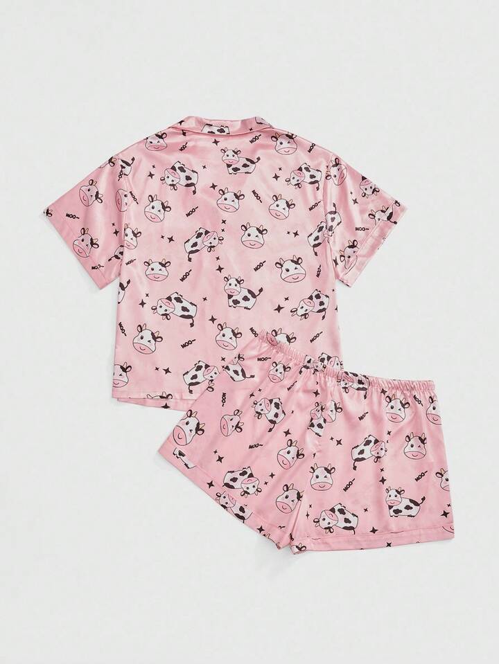 Kawaii Plus Size Cow Print Silky Pajama Set With Polo Collar Short Sleeve Top And Shorts, Summer 2 Kawaii Plus Size Cow Print Silky Pajama Set With Polo Collar Short Sleeve Top And Shorts, Summer