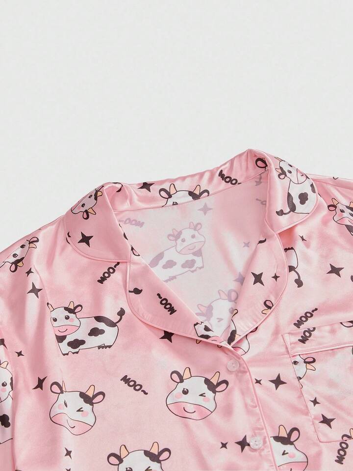 Kawaii Plus Size Cow Print Silky Pajama Set With Polo Collar Short Sleeve Top And Shorts, Summer 3 Kawaii Plus Size Cow Print Silky Pajama Set With Polo Collar Short Sleeve Top And Shorts, Summer