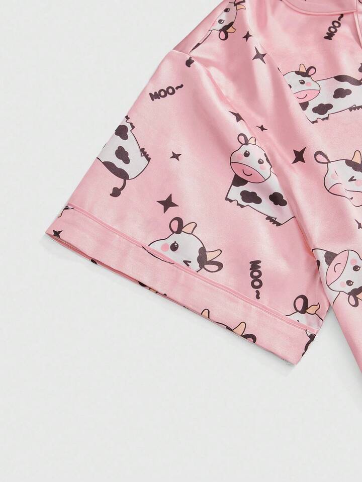 Kawaii Plus Size Cow Print Silky Pajama Set With Polo Collar Short Sleeve Top And Shorts, Summer 4 Kawaii Plus Size Cow Print Silky Pajama Set With Polo Collar Short Sleeve Top And Shorts, Summer