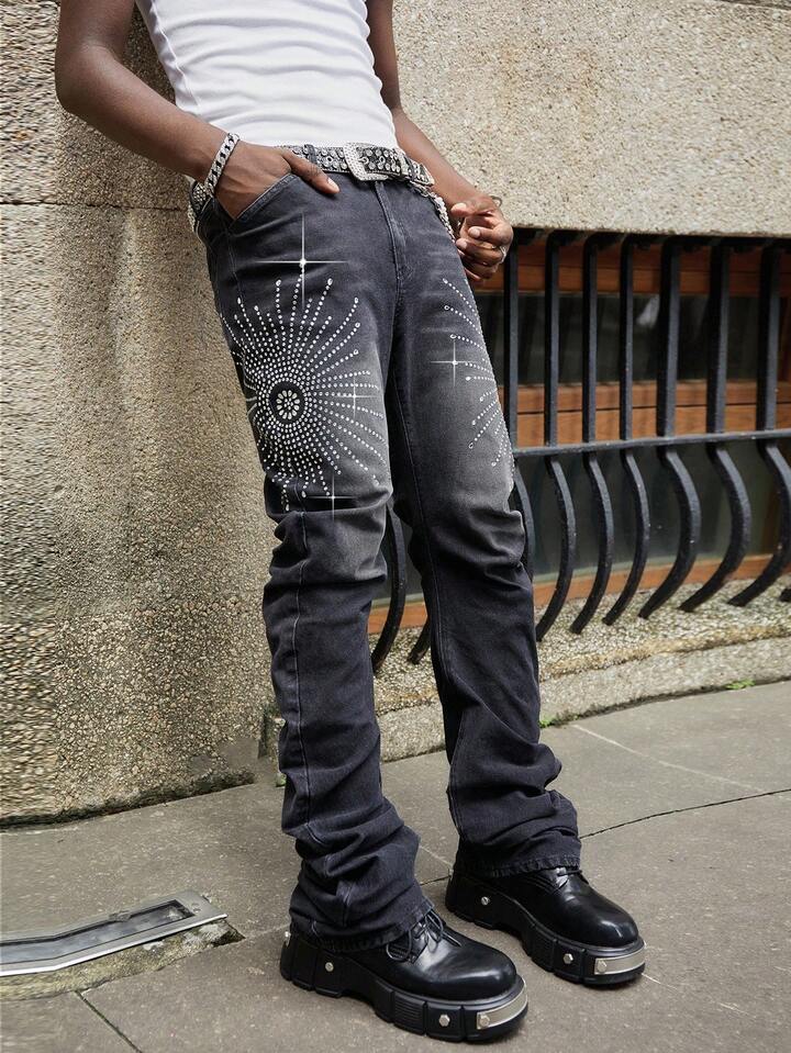 Street Life Men's Heavy Weight Layered Curve Sparkling Diamond Washed Denim Jeans