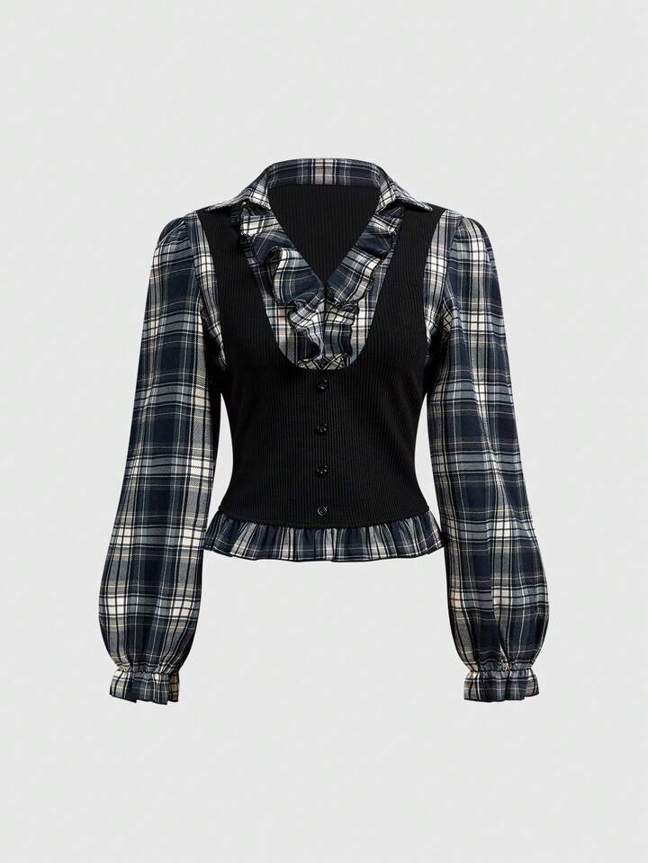 Back To School Vintage Gothic Plaid Patchwork Long Sleeve Shirt Blouse For Women