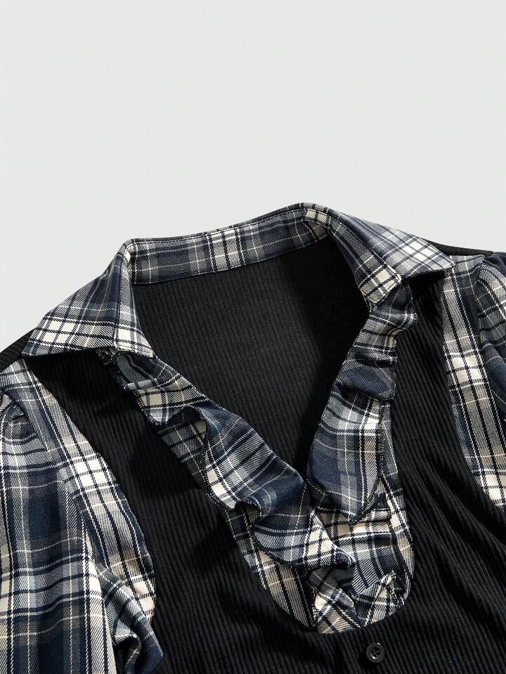 Back To School Vintage Gothic Plaid Patchwork Long Sleeve Shirt Blouse For Women