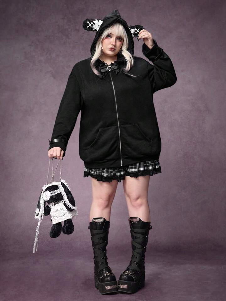 Plus Size Women Gothic Lolita Bow Tie Hoodie Jacket, Plus Size Women Dark Sweet Tie Front Black Hoodie Jacket, Plus Size Women Black Jacket