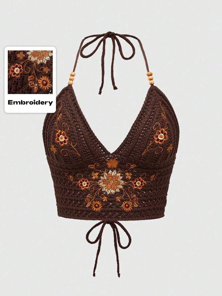 Hippie Flower Embroidered Back Band Beaded Necklace Crochet Knit Top For Summer