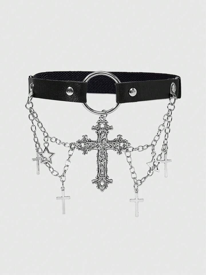 2 Pieces Women's Garter Belt With Black Chain, Five-Pointed Star, Hollow Cross Decor, Gothic Style Leg Garters For Dress, Skirt, Everyday Versatile, Halloween