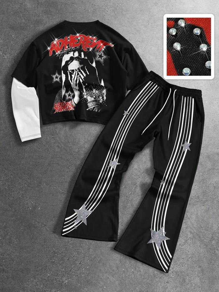 Men's Round Neck Long Sleeve Creative Pattern Print Casual 2 In 1 T-Shirt Set