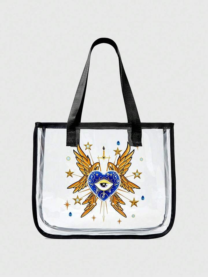 Grunge Punk Black Eye Print Transparent Fashionable Gothic Style Women's Tote Handbag, Clear Beach Bag, Halloween