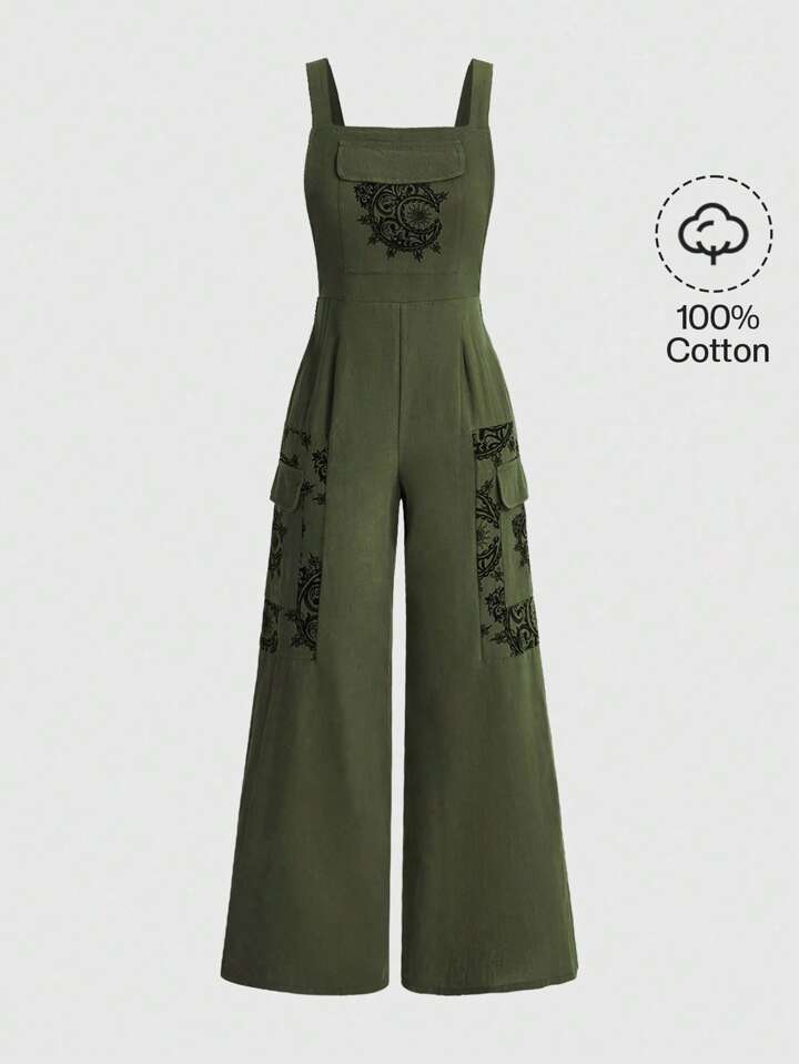 Hippie Casual Positioning Printed Jumpsuit With Suspenders