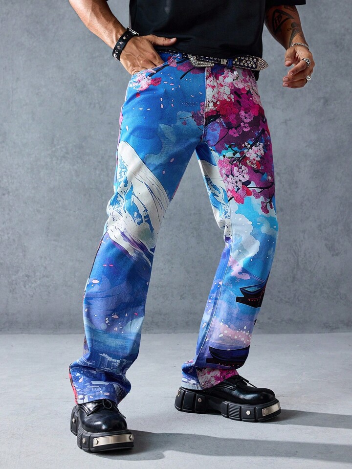 Anime Men's Floral Print Pocket Denim Jeans