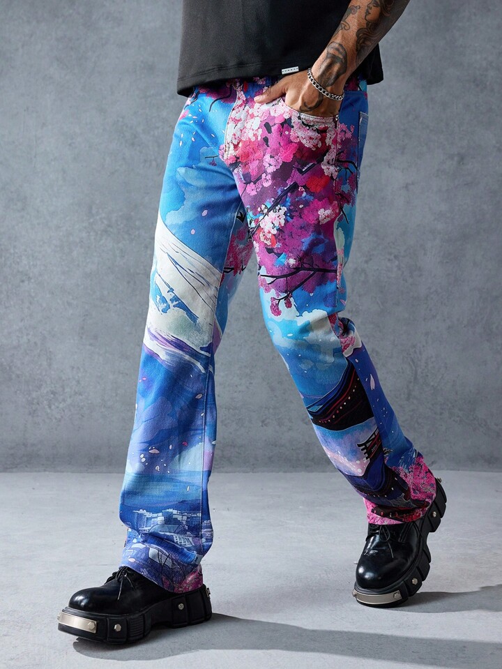 Anime Men's Floral Print Pocket Denim Jeans