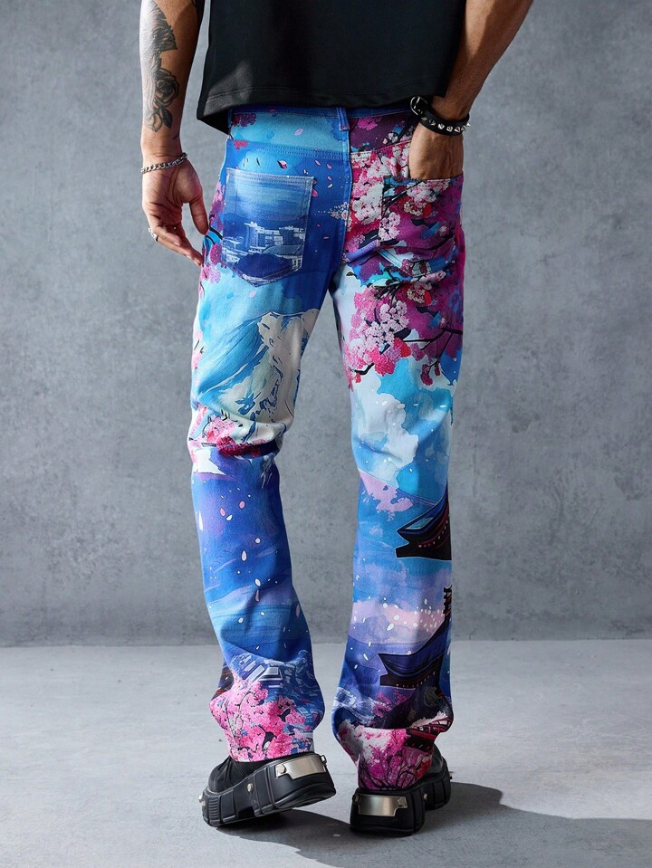 Anime Men's Floral Print Pocket Denim Jeans