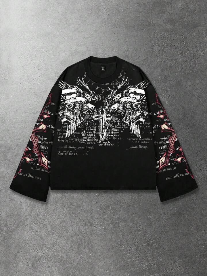 Men's Retro Gothic Graphic Print Loose Cropped Long Sleeve T-Shirt