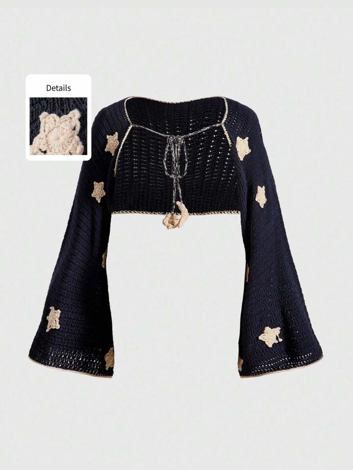 Hippie Plus Size Vintage Astrology Star Pattern Cropped Long Sleeve Knit Cardigan, Autumn/Winter