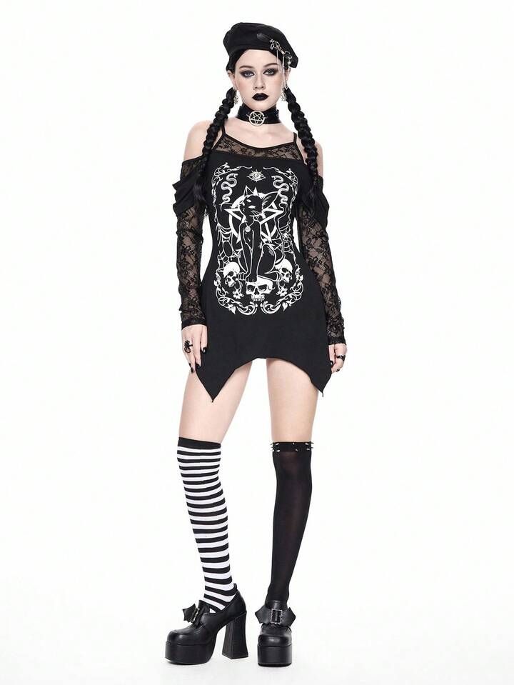 Off-Shoulder Strap Asymmetric Hem Contrast Lace Black Gothic Cat Skull Print Long Sleeve Mini Dress, Halloween