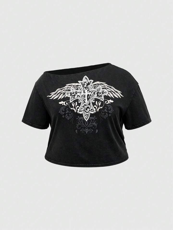 Fairycore Plus Size Loose Oblique-Shoulder Wing Print Top