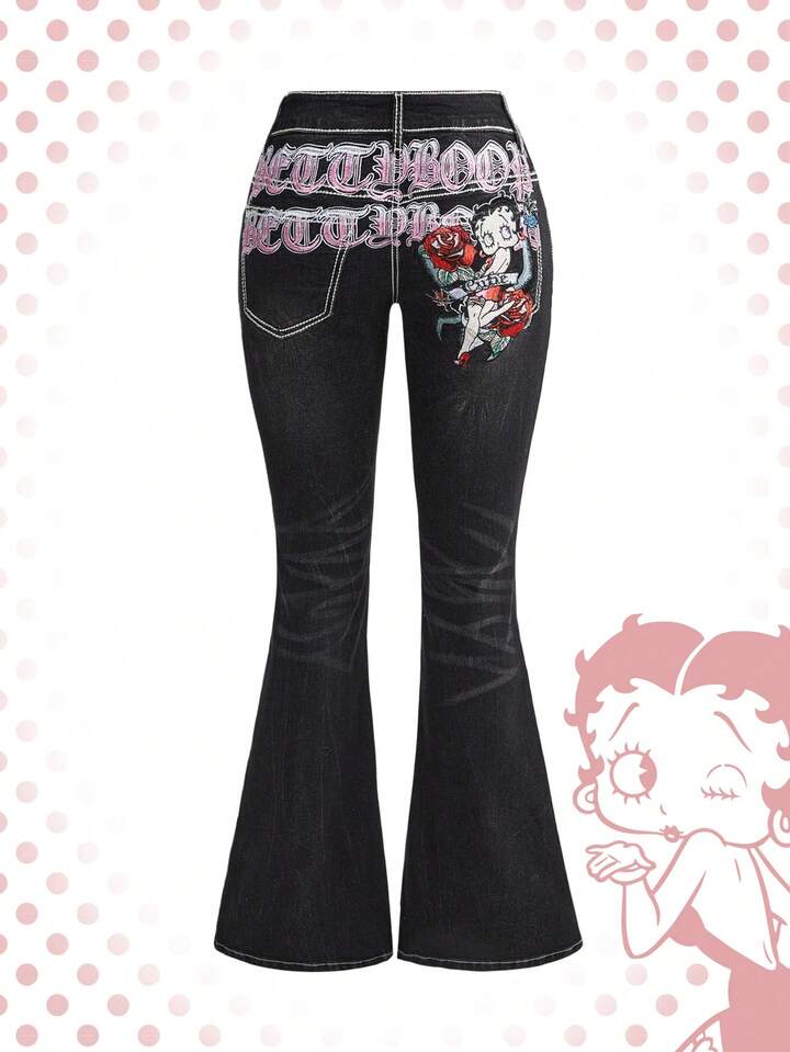 Betty Boop | ROMWE Y2K Retro Distressed Betty Embroidery Tight Super Low Waist Flare Leg Jeans For Women